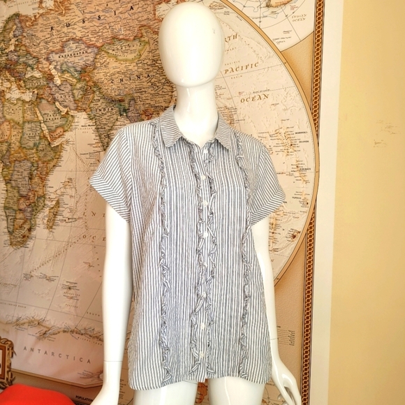 A New Day Tops - A New Day gray white stripe button up top ruffle short sleeve metallic girly L